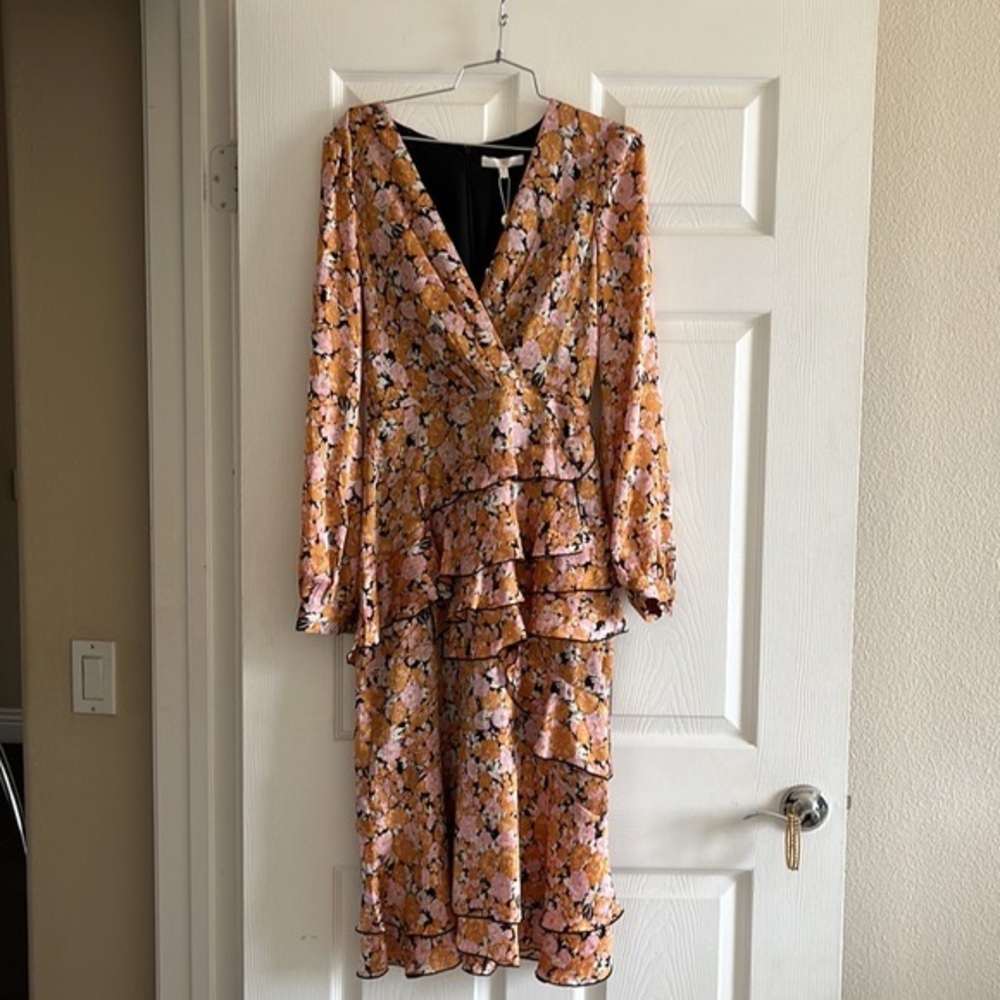 NWT WAYF Floral MIdi Dress orange pink black Small